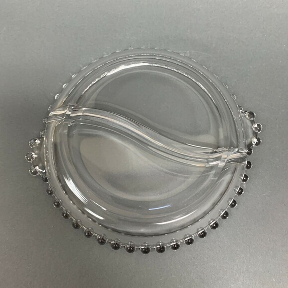 Ohio Imperial Glass Divided Bowl Plate Clear Beaded Candlewick Handles - Picture 4 of 5